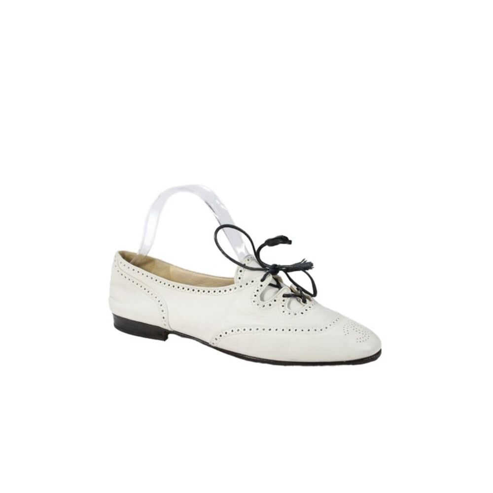 Chanel Womens Leather Dotted Detail Lace Flats White Black Size 9